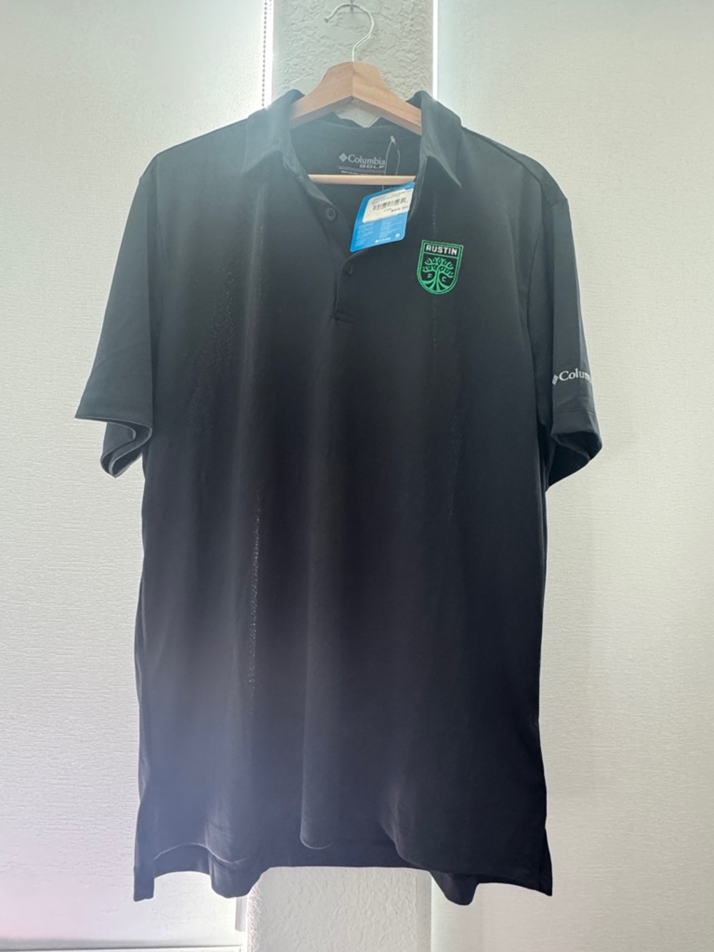 NWT Columbia Black Polo with Green Austin FC logo men’s Sz L